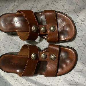 Women Tan Leather Slide Sandals